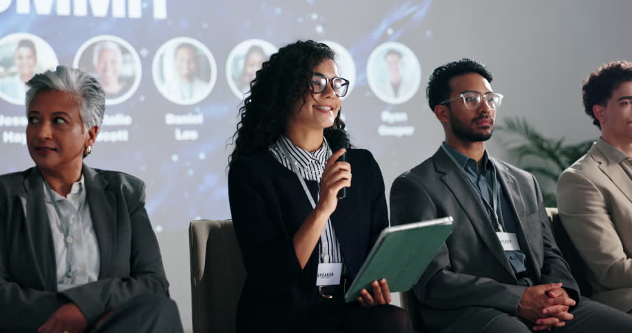 Conference, tablet or woman in panel for discussion for global economy, forum or finance resources. Presentation, education and guest on talk show stage for financial growth, solution or convention