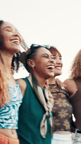 Walking, smile and fashion with friends in city for youth, gen z students and streetwear style. Happiness, social and culture with group of people outdoor for community, college campus and future