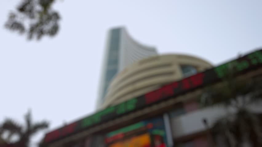 Bokeh view of Bombay Stock Exchange building in Mumbai, India. Blurred background footage.