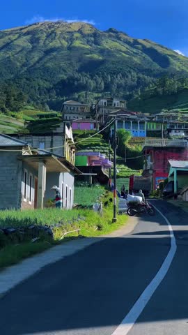 Morning atmosphere in the village under the beautiful mountain