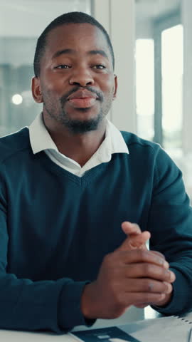 Black man, meeting or handshake in job interview with smile or manager for opportunity or hiring. Shaking hands, contract or employer greeting candidate for company employment or recruitment process