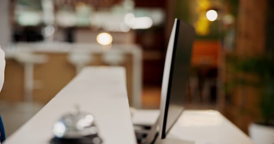 Hands, reception or guest with credit card payment for hotel booking, reservation or accommodation. Hospitality, concierge service or people with machine for contactless transaction, help or check in