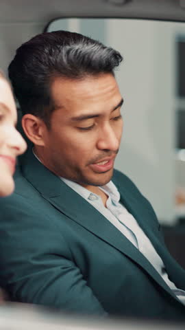 Salesman, woman and discussion in car at dealership with sale, negotiation and financial planning at shop. People, agent and talk for driving, purchase and customer support with vehicle at showroom