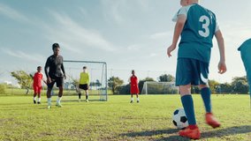 Coach, soccer and goal with kids on field for penalty kick, sports athlete and fitness. Tournament game, shooting and winner with football player on outdoor pitch for club, target and challenge - Powered by Shutterstock - Get 15% off with code: PIKWIZARD15