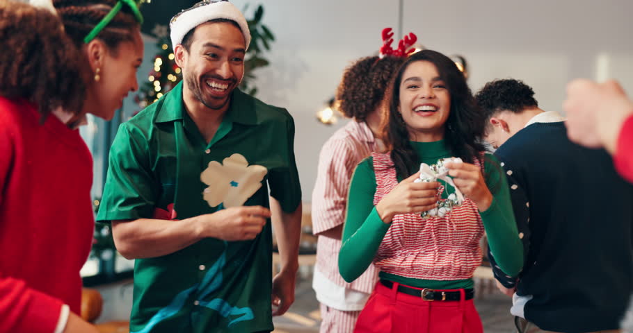 Dance, Christmas and holiday with friends in party for social, festive jingle bells and happiness. Merry xmas season, bonding and reunion celebration with people in home for love, support and music