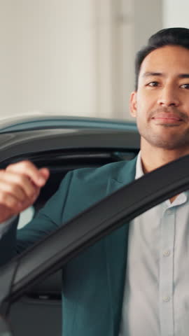 Man, face and salesman with smile at dealership, car and excited for job, lead and sales at store. Person, agent and happy in portrait with pride, confident and display vehicle at showroom in Mexico
