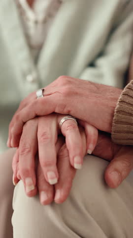 Home, care and people with empathy, holding hands and understanding of grief, loyalty and mourning. Retirement, kindness and elderly couple with support, sympathy and compassion for relationship
