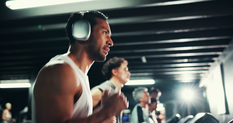 Man, treadmill and runner with headphones at gym, exercise and night with health podcast or music. Cardio, running sweat and machine for training, intense or listening to radio at dark fitness center