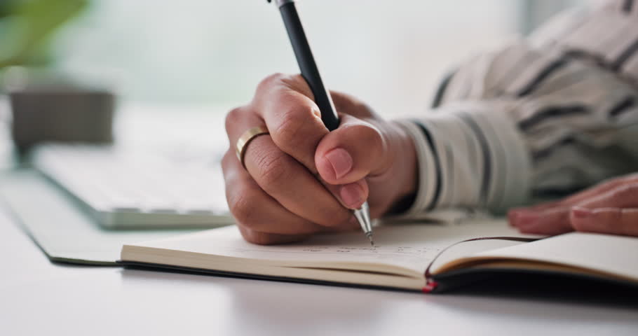 Writing, notebook and hands of business woman in office for schedule, planning and reminder. To do list, information and notes with employee, diary and journal for goal checklist or agenda idea