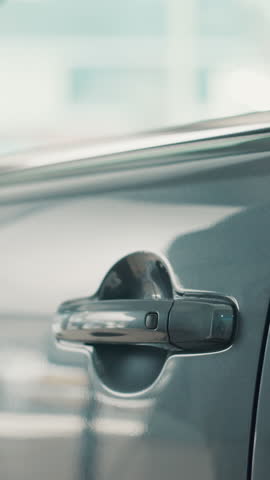 Door, car and purchase with hand at dealership for test drive, auto showroom and vehicle decision. Salesman, automobile and transport choice with closeup of person in store for rental agreement