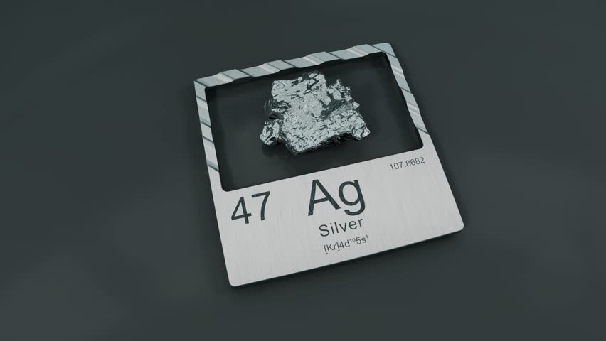 Silver mineral sample displayed with periodic table information on an elegant metal plate.