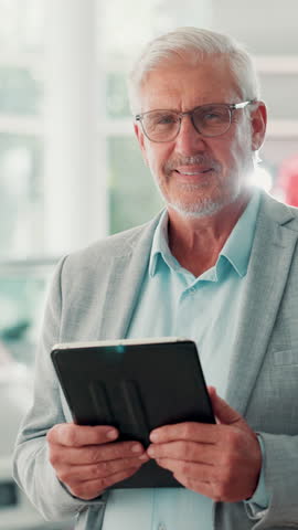 Tablet, showroom and face of business man for sales career, job and pride at car dealership. Happy, manager and portrait of mature person on digital tech for customer service, welcome and website