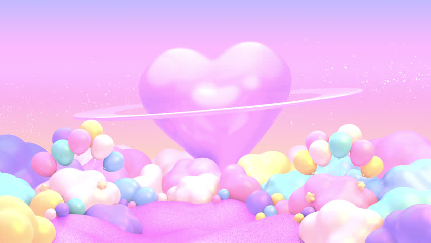 Looped cartoon heart planet and colorful clouds animation.
