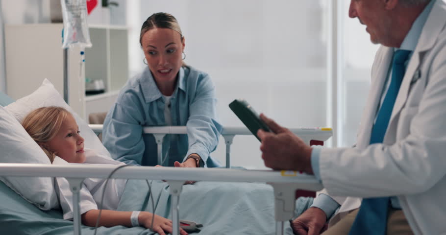 Doctor, mother and recovery with daughter in hospital bed for consulting, operation or surgery. Happy, medical or tablet with girl child, single parent woman and surgeon in clinic for healthcare