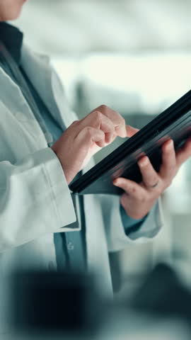 Medical research, scientist and hands with tablet, lab and online for cure of illness or healthcare. Clinic, oncologist and person with tech for analysis, diagnosis and digital records for cancer