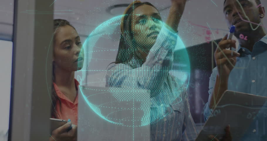 Software engineer drawing diagram on glass board with code streams while team annotating design. Collaboration, teamwork, innovation, technology, brainstorming, futuristic, diversity