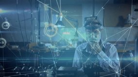 Senior tech scanning AR interface and swiping smartphone generating holographic network diagrams. Futuristic, innovation, technology, data, digital, engineering, workspace - Powered by Shutterstock - Get 15% off with code: PIKWIZARD15