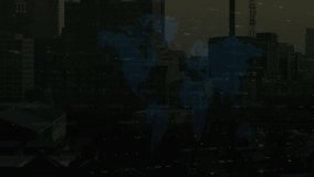 Magenta dots emerging under world map bars-candles morphing into blue chart showing market trend. Digital, analytics, futuristic, data visualization, urban, modern, financial - Powered by Shutterstock - Get 15% off with code: PIKWIZARD15