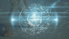 Materializing network sphere, person walking past rotating globe pulsing data showing patterns. Technology, innovation, futurism, digital, circuitry, connectivity, minimalism - Powered by Shutterstock - Get 15% off with code: PIKWIZARD15