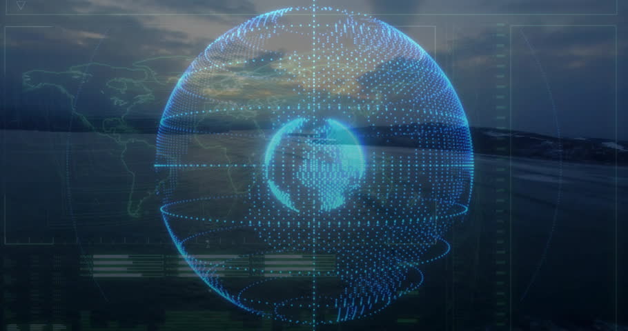 After data load holographic globe rotating forming spiral rings above shore visualizing energy flow. Futuristic, technological, digital, immersive, conceptual, innovation, analytics