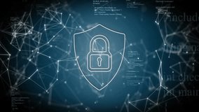 Shield lock icon fading triggers network nodes appearing and code scrolling, pulsing security. Cybersecurity, digital, protection, encryption, data, technology, innovation - Powered by Shutterstock - Get 15% off with code: PIKWIZARD15