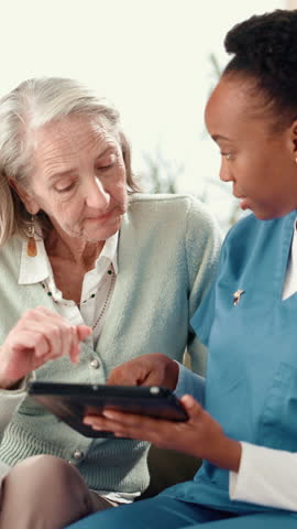 Explain, medical or tablet with nurse and old woman on sofa in living room of retirement home. Conversation, healthcare or insurance with caregiver and senior patient in apartment for medicare