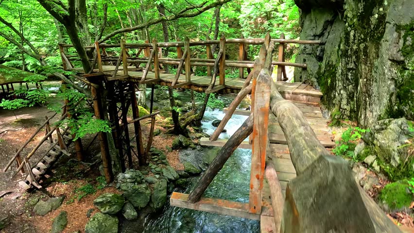 POV footage of a person walking across a wooden bridge over a fast-flowing mountain river. The surrounding landscape features lush forest, rocky terrain, and natural sounds of rushing water.adventure