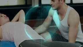 Woman performing crunches on ball in gym upon trainer cue, globe overlay animating core strength. Fitness, strength, wellness, training, body confidence, dedication, motivation - Powered by Shutterstock - Get 15% off with code: PIKWIZARD15