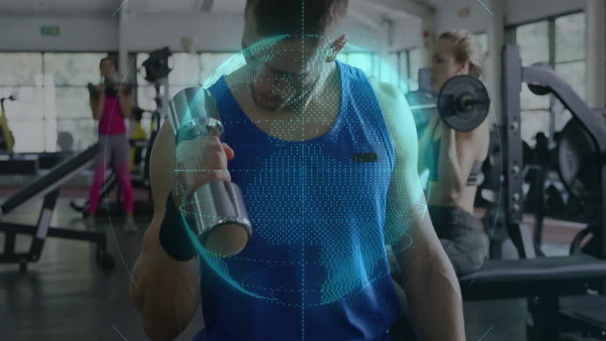 Man performing bicep curls in gym after clear data globe pulsing over torso visualizing form. Fitness, strength, training, workout, exercise, digital, modern