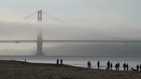 Golden Gate Bridge partially hidden in fog during early morning. People stroll along sandy beach, enjoying tranquil atmosphere. Waves gently lap at shore, creating peaceful setting. - Powered by Shutterstock - Get 15% off with code: PIKWIZARD15