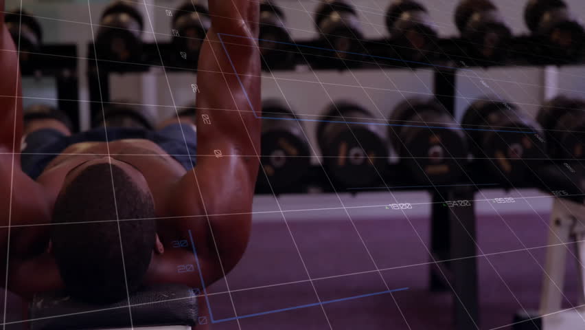 Gym user gripping dumbbells and performing bench presses while bar charts updating strength metrics. Fitness, strength, gym, workout, performance, technology, health