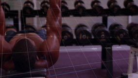 Gym user gripping dumbbells and performing bench presses while bar charts updating strength metrics. Fitness, strength, gym, workout, performance, technology, health - Powered by Shutterstock - Get 15% off with code: PIKWIZARD15