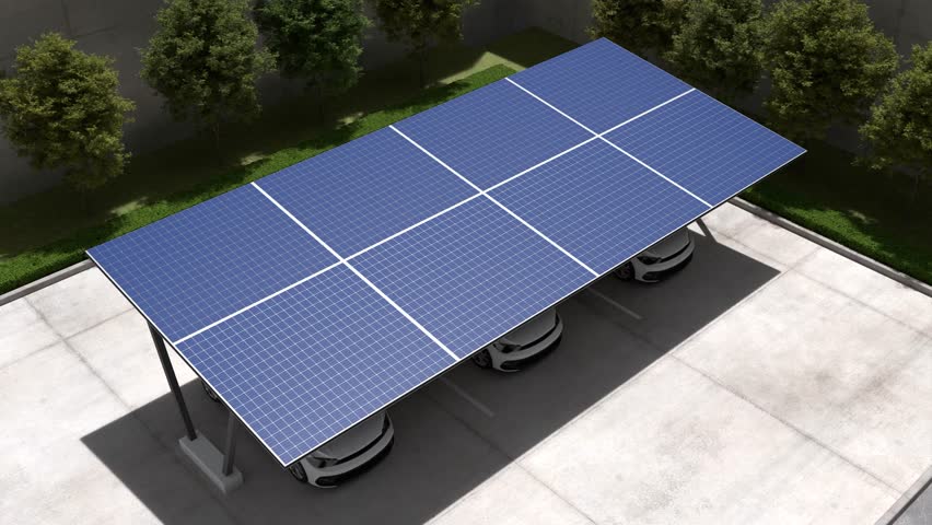Solar powered parking lot, Eco friendly EV charging station with solar panels