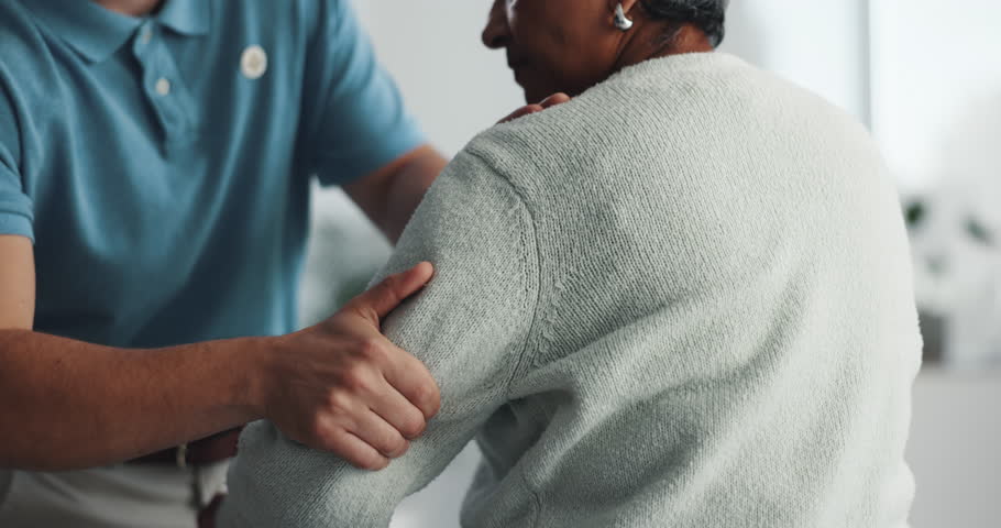 Physiotherapist, hands and old woman with arm pain, massage or injury recovery. Patient, consultation and chiropractor for physical therapy, medical rehabilitation or help for body health in clinic