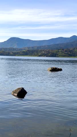 Portrait view of a peaceful lake with mountain backdrop and rocks in calm water under a clear blue sky on a bright, sunny day.