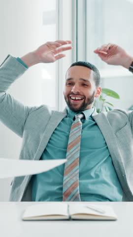 Multitasking, hands and man with colleagues, busy and calm for chaos in morning and time management. Happy, sales manager and person with smile for productivity, stretching and relax in business