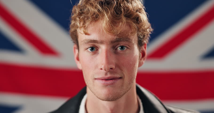 Face, government and smile of man with British flag for history, national patriotism or politics. Country, democracy or tradition and happy person with Union Jack of United Kingdom for voter pride