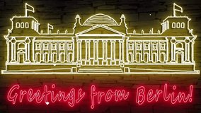 Greetings from Berlin! Red text and golden detailed silhouette of Reichstag building on dark brick wall illuminated 3d illustration retro neon sign eye catching 10s 4k video art, digital postcard - Powered by Shutterstock - Get 15% off with code: PIKWIZARD15