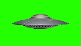 UFO fly by, rotating spaceship with extraterrestrial visitors, alien flying saucer isolated on green screen background, 3d animation - Powered by Shutterstock - Get 15% off with code: PIKWIZARD15