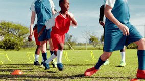 Soccer, sports and boys on field for training, exercise and fitness for practice, competition and game. Team, outdoor and children with equipment for workout for match, tournament and challenge - Powered by Shutterstock - Get 15% off with code: PIKWIZARD15