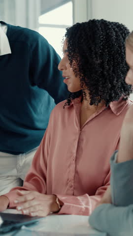 Boardroom, woman and collaboration with laptop, talking and group with info for stock market on web. Office, investor and people with tech for opportunity, teamwork or discussion for financial growth