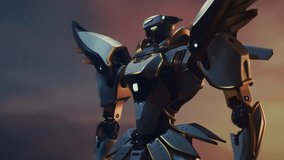 3d animation of epic strong sci-fi futuristic mech samurai warrior with white, gray, shiny gold, scratched heavy metal armor, glowing eyes, floating in the clouds against the sunset sky. Battle robot. - Powered by Shutterstock - Get 15% off with code: PIKWIZARD15