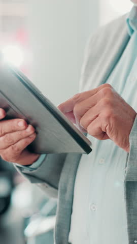 Tablet, scroll and hands of man in dealership for car insurance, purchase agreement and client application. Vehicle report, showroom and automobile with closeup of person for digital signature