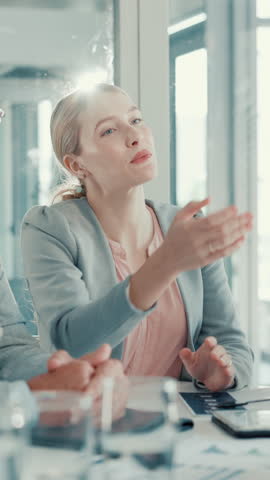 Happy woman, clapping or handshake in job interview with smile or deal for opportunity or hiring. Shaking hands, meeting or manager greeting candidate for company employment or recruitment process
