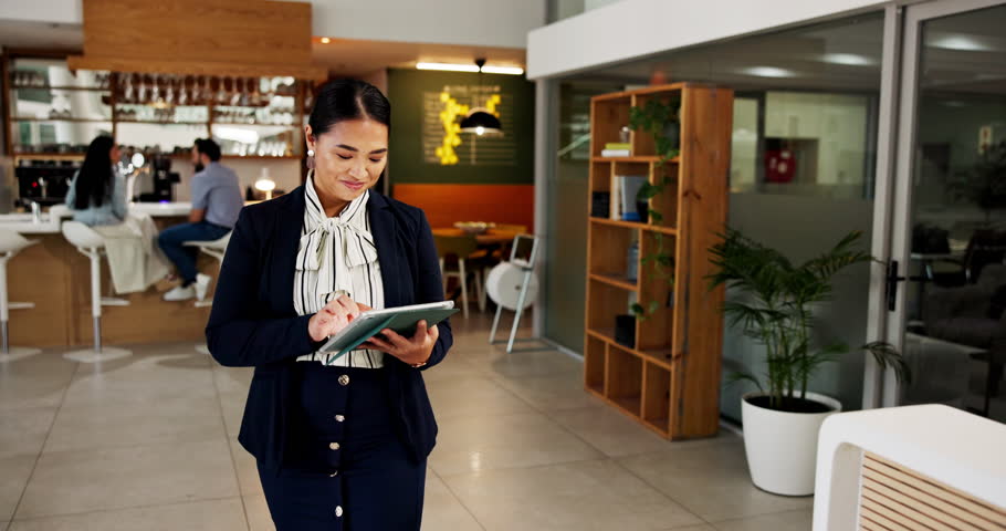 Smile, tablet and walking with hotel concierge in lobby for accommodation, planning or reservation. App, booking and hospitality with happy woman at work in reception for resort management schedule