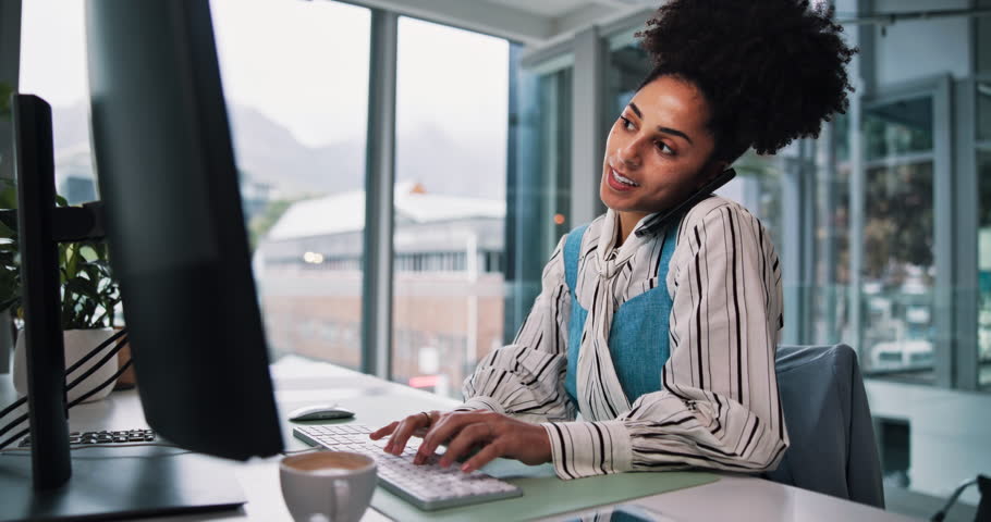 Phone call, computer and surprise with business woman for stock broker, profit success and growth. Financial analyst, account bonus and communication with person in office for as investment banker