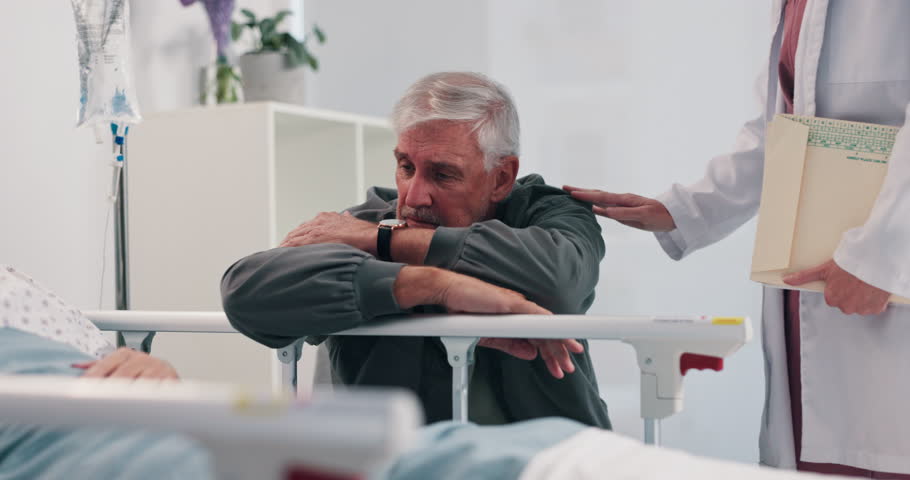 Senior man, crying or doctor at hospital bed with empathy for cancer, chronic illness or bad news. Sad, person or sympathy with medical worker for grief, condolence or terminal condition in clinic