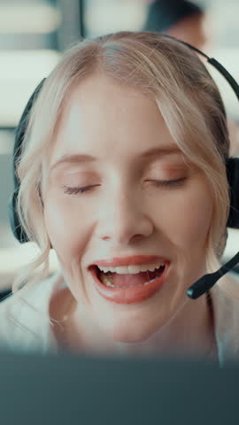 Call center, help and woman problem solving for customer service, crm or multilingual support. Happy consultant, face and talking with headset for faq, thinking and language translation on computer