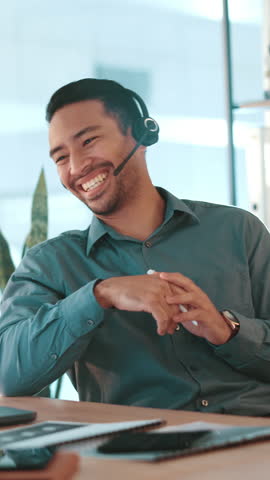 Financial advisor, Asian man and laptop in call center for talking, sales consulting or loan help. FAQ, customer service or finance questions with advice or headset for solution and banking limit