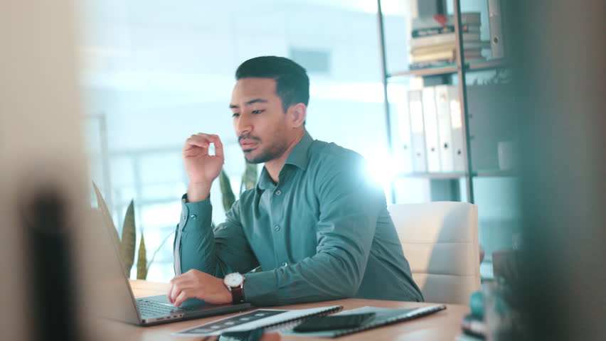 Check time, tired and man in office, burnout and laptop with accountant, overworked and bored. Person, employee and consultant in workplace, watch and depression with fatigue, low energy or exhausted